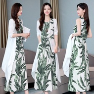 Women'S Clothing Medium - Long Print Dress Art Cotton Linen Two - Piece Match Plus Size Dress Labuh Muslimah Long Cardigan Baju Pantai Hawaiian Green Dress