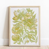 水彩黃牡丹花青檸奶油色亞麻布印刷夏季牆藝術裝飾