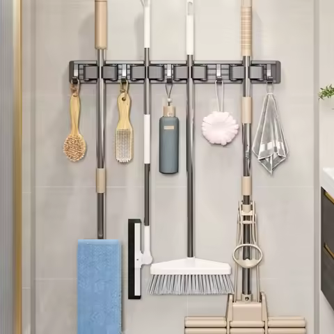 Mop and Broom Organizer Mop Holder Rack Mop Holder Wall Mounted Strong Broom Mop Holder Self With 5
