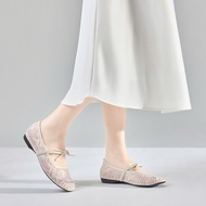 Giày Búp Bê MWC 2344 - Giày Búp Bê Vải Ren Phối Dây Ngang Đính Nơ Xinh Xắn Nữ Tính