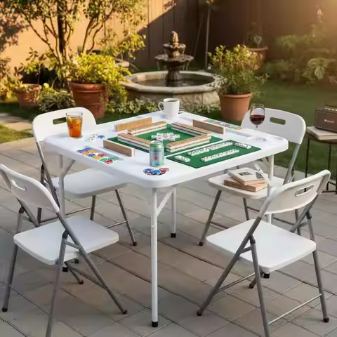 Mahjong Table, Square 4 Player Folding Card Table with 4 Cup Holders & 4 Chip Trays, Portable Domino