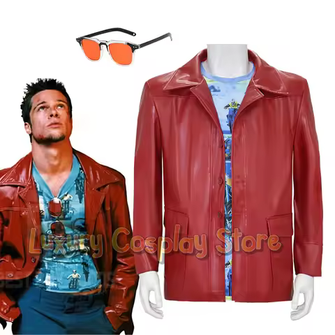 Adults Fight Club Tyler Jacket Cosplay Costume Movie Durden Leather Coat with Shirt Glasses Hallowee