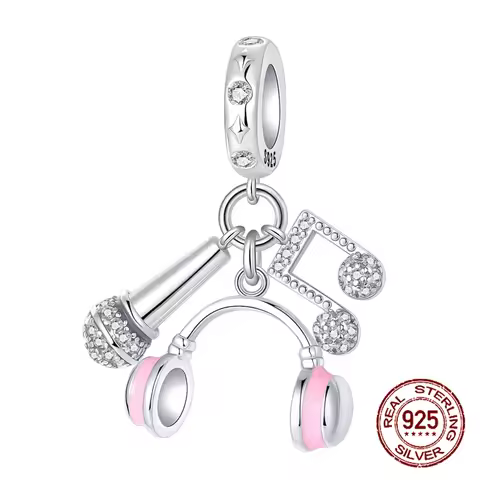 925 Sterling Silver Pink Earphones Microphone Music Note Pendant Charm Fit Original Charms Bracelets