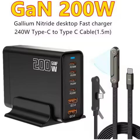 200W Desktop USB C Quick Charger GaN PD Fast Charger 6 Port Mobile Charging Adapter For Laptop iPhon
