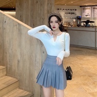 Cici(8899)เสื้อครอปแขนยาวไหมพรมคอวีสีเรียบๆ