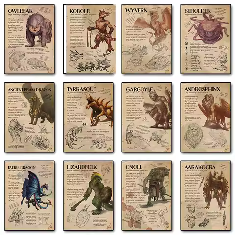 Retro D&D Monster Manual Game Posters Dungeons & Dragons Canvas Printing Wall Art Picture for Gaming