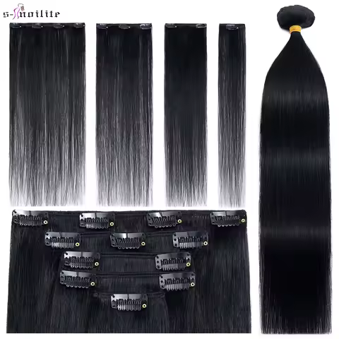 S-noilite Human Natural Hair Extensions 60-75g Human Hair Straight Hairpiece 22Inch 5Pcs/Set Full He