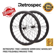 RETROSPEC 700C CARBON 50MM DISC WHEELSET INCLUDE FOLDABLE MAXXIS TIRE 700X28C - TUBULESS & TUBE TYPE