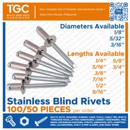 TGC 100/50PCS Stainless Blind Rivets 1/8 5/32 3/16 inches Pop Rivets SS304 / SS Blind Rivets / Open 