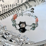 綠野仙蹤招財喵星人水晶手鍊 - 醫療鋼/銀曜石貓星人/金太陽石/綠