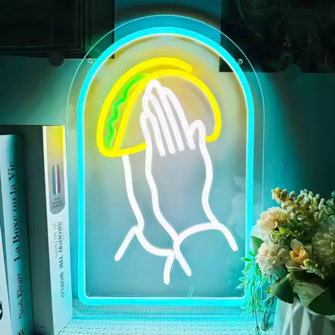 Praying Hands Holding Tacos Neon Sign LED Tacos Neon Light Mexican Food Shop for Wall Decoration Sto