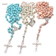 ✿ Catholic Necklace Crystal White-Pearl Long Chain White Rosary Catholic Necklace Lady Long Necklace