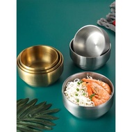 韓式304不銹鋼米飯碗帶蓋雙層碗防燙磨砂兒童韓國料理泡菜碗金色