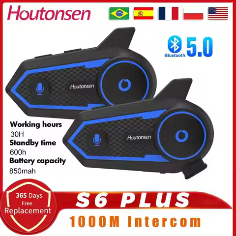 Houtonsen S6 PLUS Motorcycle Helmet Bluetooth V5.2 Headset Intercom 850mAh 2 Riders 1000M Waterproof