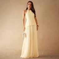 This Cream-Yellow, Belted, Pleated A-Line Sleeveless Dress Features A Fitted Bodice And An Elegant, 