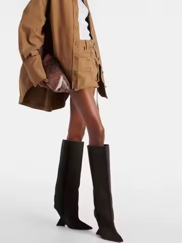 2025New European and American Women's Knee Length Boots Fashion Pointed Shaped High Heels Women's La