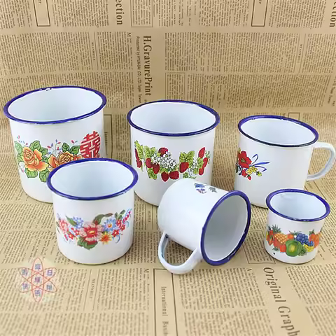 Enamel Beer Mugs, Nostalgic Chinese Enamel Cups, 10PCS 6cm 7cm Enamel Water Cups.