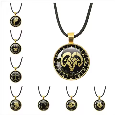 Necklace 12 Constellations Zodiac Sign Pendant Leather Rope Necklace Libra Aries Leo Glass Chain Nec