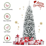 6/7.5FT Snow Flocked Slim Christmas Tree Fir Hinged 1100 Thick Branches Metal Stand Pencil Xmas Tree