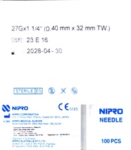 NIPRO  STERILE MEDICAL NEEDLE 27G X 1 1/4  INCH (32MM) -100S   ( 6 BOXES  ) EXPIRY 2028
