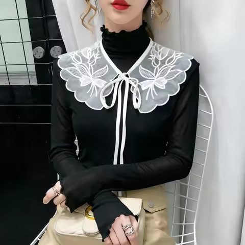 Palace Style Fake Collar Full Sleeve T Shirt Women Black White Detachable Mesh Tee False Collars Sli