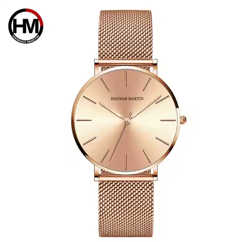 Hannah Martin Women Watch Japan Quartz Movement Simple Waterproof Rose Gold Stainless Steel Mesh Lad