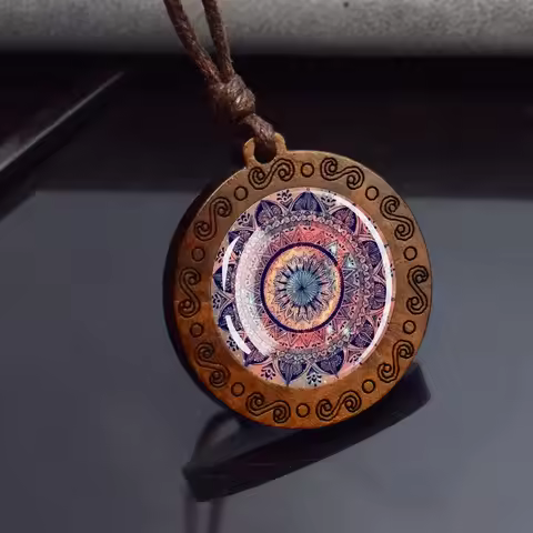 Mandala Pattern Glass Necklace Wood Pendant Sacred Geometry Meditation Jewelry Buddhism Gift