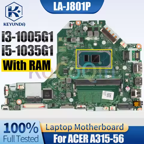 For ACER A315-56 Notebook Mainboard LA-J801P i3-1005G1 i5-1035G1 With RAM NBHZW1100102 NBHS51100202 