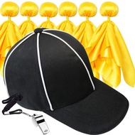 6 Penalty Flag Football Flags, 1 Referee Hat Black with White, 1 Referee Stainless Steel Whistle wit