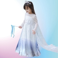 Girls Frozen 2 Elsa Princess Dress Girl White Gradient Gauze Long Halloween Cosplay Costumes Small M