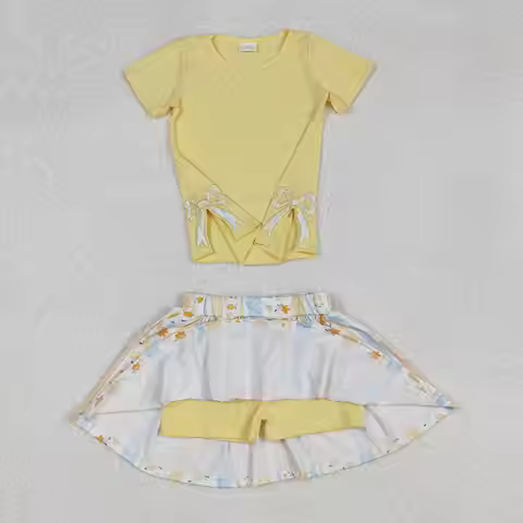 3.03 GSD1716 Kids Summer Clothes Short Sleeve Embroidered Bow Top With Skirt Have Shorts Under 2 Pie