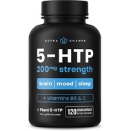 NutraChamps 5-HTP 200mg, 120 Vegan Capsules, Pure 5HTP 100mg Plus Co-Factors Vitamin B6 & Vitamin C
