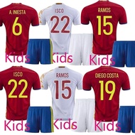 Spain kids eruo jersey 2016 home Red ISCO SILVA A.INIESTA Soccer Jersey spain full kit football shir