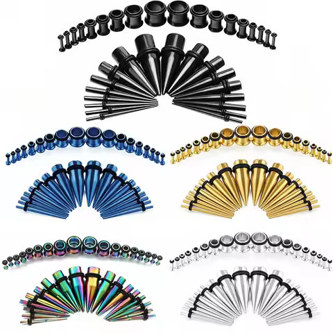 36PCS/Set Ear Gauges Stretching Kit 14-00G Stainless Steel Single Flare Ear Plugs Tunnels Flesh Tape
