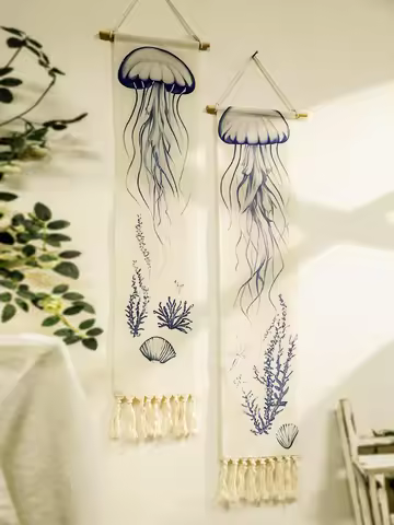 Boho Jellyfish Tapestry Wall Hanging nautical style Macrame Tapestries Decor with Tassels Wall Decor