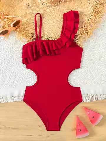 Retro Red Color Teenage Girls Swimsuit One Piece 5-14 Year Kids Swimsuit Ruffled Swimwear beachwear