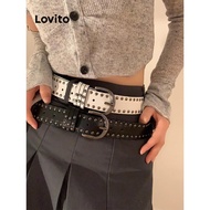 Lovito Casual Belt Plain Versatile Soft Buckle Belt Rivet Western Cowboy White Belt for Women LFA553