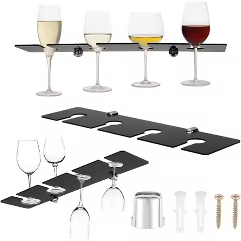 1set Acrylic Wine Glass Holders Wall Mounted Black Wine Glass Storage Rack for 4 Glasses for Kitchen