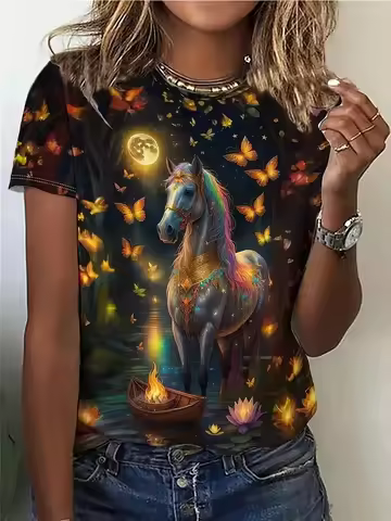 Women's Casual Crew Neck T-Shirt With Unique Horse Print Summer Short Sleeve Horse Graphic T Shirt C