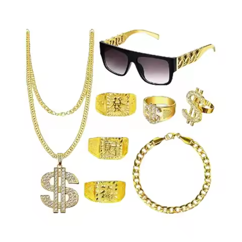 Y5GC 8Pcs Hip Hop Costume Dollar Sign Pendant Necklace Hip Hop Dollar Rings Sunglasses Bracelets Set