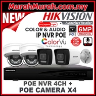 HIK HIKVISION 🌟4 Channel🌟 6.0MP Smart Hybrid Light POE + COLORVU + MIC / AUDIO 4CH NVR + 6MP PoE CAM