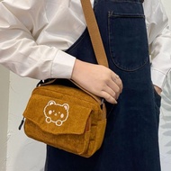 ideafashionshop(ID1891) กระเป๋าสะพายข้างผ้าลูกฟูกใบเล็กปักน้อนหมี