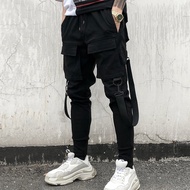 Men Flap Pocket Buckle Detail Drawstring Waist Cargo Loose Pants Long Plain Black Going Out Rapper, 