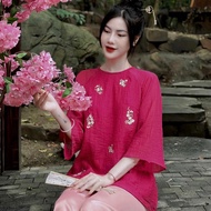 Designer blue shirt - Dam Lam Going To Pagoda, Women's Shrimp Dress, Silk Chiffon TUE AN