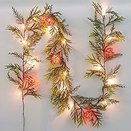 CCINEE 6FT Christmas Garland with Lights Prelit Artificial Xmas Garland with 20 LED Battery Operated Lighted Spruce Garland with Red Christmas Ball for Christmas Tree Home Wall Decor Party Supply