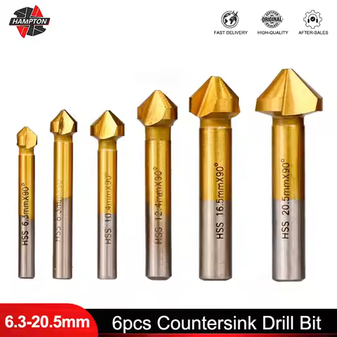 6pcs 6.3-20.5mm Countersink Drill Bit 3 Flute HSS Titanium Coated Chamfering Cutter Countersink Dril