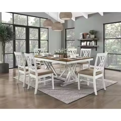 Modern White & Oak Finish 7pc Dining Set with Extension Leaf & 6 Upholstered Side Chairs - Charming