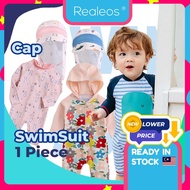1 Piece Realeos Long Sleeves Baby Swimming Suit Kids Boys Girls Cutie Dinosaur Swim Suits Cap Hat UP