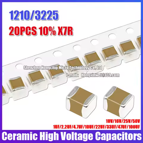 20PCS 1210 10% X7R SMD Ceramic Capacitor 10V 16V 25V 50V 100V 1UF 2.2UF 4.7UF 10UF 22UF 33UF 47UF 10