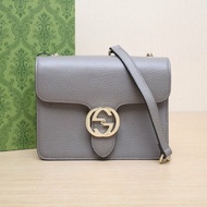 GUCCI Interlock風琴包小號20灰色牛皮淺金扣肩背包